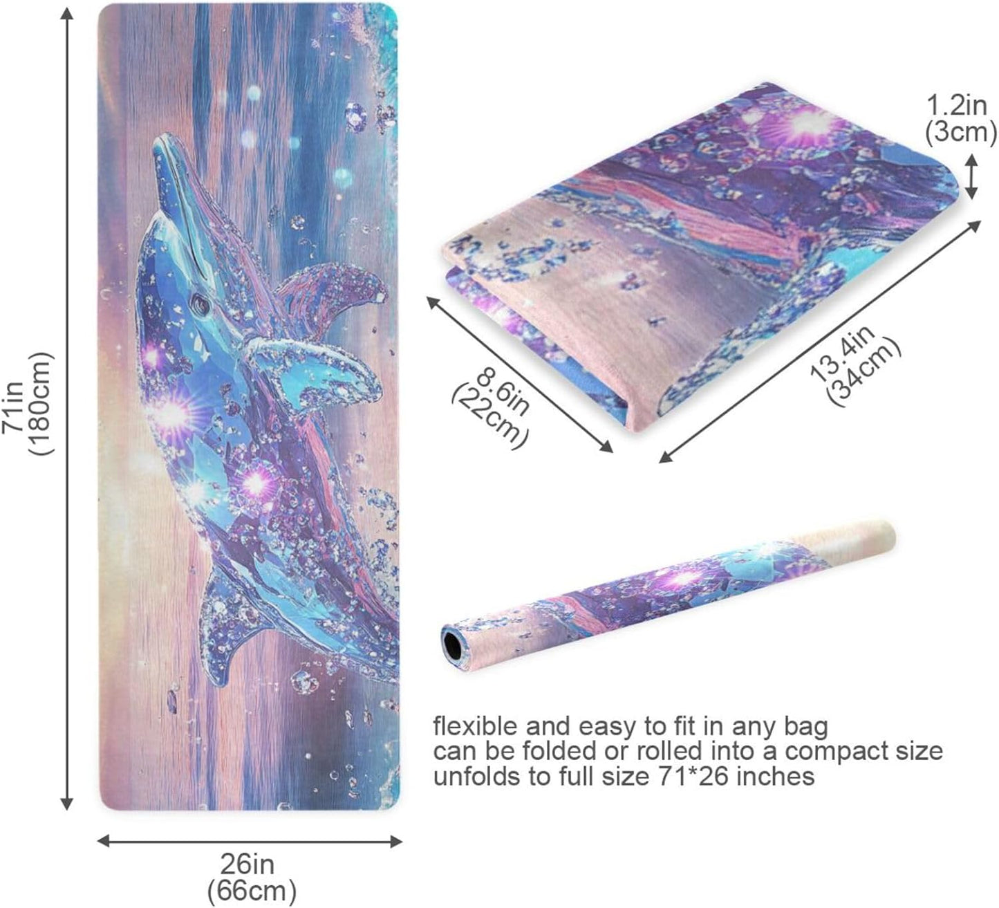 Dolphin Purple printed non toxic yoga mat for gym, natural rubber non slip, with Yoga bag cover tapete para ejercicio 71x26 inches