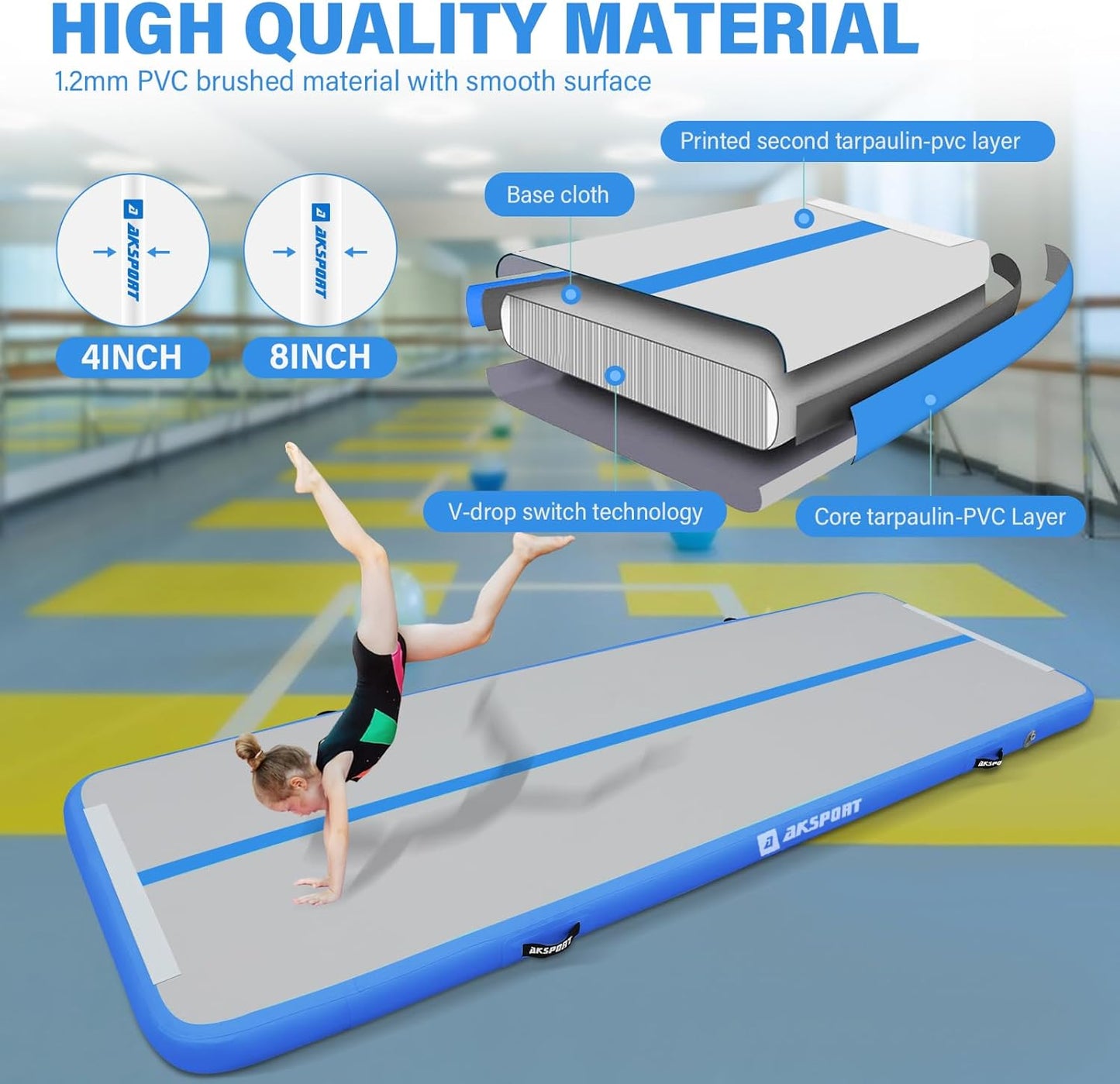 AKSPORT Gymnastics Air Mat Tumble Track Tumbling Mat Inflatable Floor Mats with Air Pump for Home Use/Tumble/Gym/Training/Cheerleading/Parkour/Beach/Park/Water