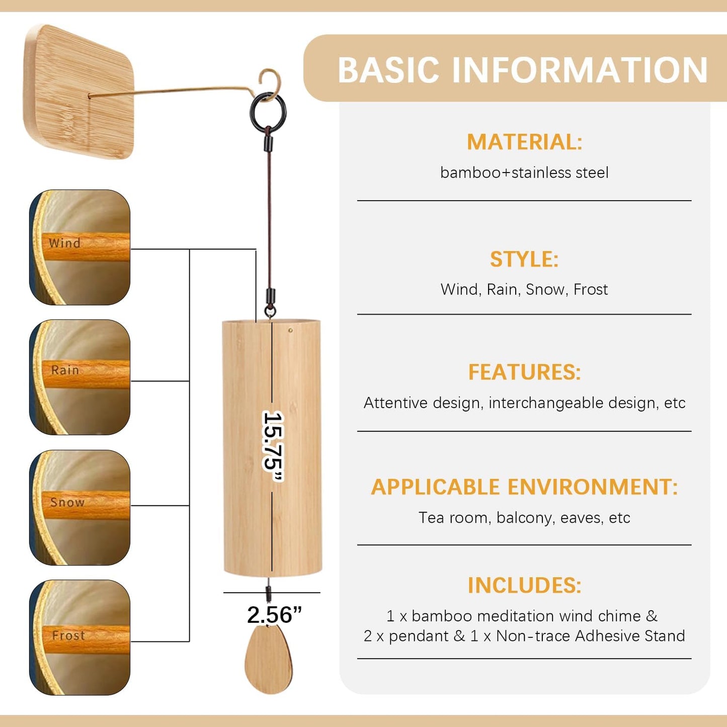 OLizee® Natural Bamboo Healing Wind Chime Decorative Meditation Chime Melodious Yoga Wind Chime Hand-Cranked Chord Wind Bell Zen Wind Chime for Home Decor Rain, Yellow