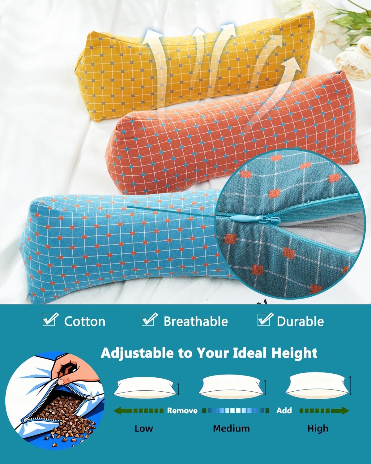 Cervical Buckwheat Roll Pillow for Sleeping,15.7"x5.9" Buckwheat Hulls Pillows Filling, Triangle Pillow for Neck Support Yoga Bolster, Adjustable Fill for Neck Pain Relief,Gray