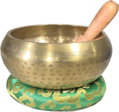 SATNAM 5" Gold Tibetan Meditation Yoga Singing Bowl Set ~Live Fully Now ~ Tuned to B ~ Hand Hammered Antique healing bowl design ~Wood Striker ~ Himalayan bowl for Meditation, hand yoga, and Chakra