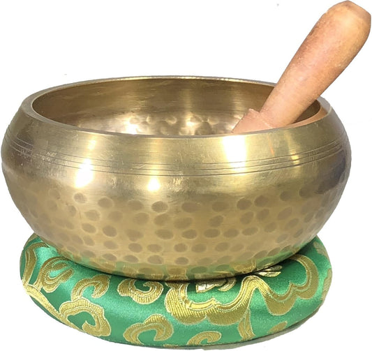 SATNAM 5" Gold Tibetan Meditation Yoga Singing Bowl Set ~Live Fully Now ~ Tuned to B ~ Hand Hammered Antique healing bowl design ~Wood Striker ~ Himalayan bowl for Meditation, hand yoga, and Chakra