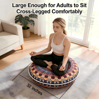 LOVMOC 32 Inch Round Floor Pillow for Adults, Large Thick Memory Foam Boho Mandala Meditation Floor Seating Cushion, Machine Washable for Living Room Outdoor Yoga Floor Sitting, Navy Blue
