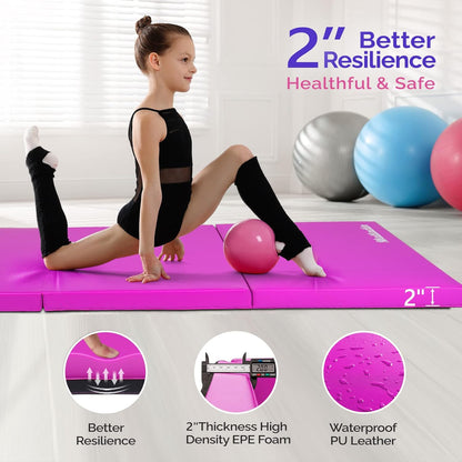 Matladin 6' Folding Tri-fold Gymnastics Gym Exercise Aerobics Mat, 6ft x 2ft x 2in PU Leather Tumbling Mats with Hook & Loop Fastener for Stretching Yoga Cheerleading Martial Arts