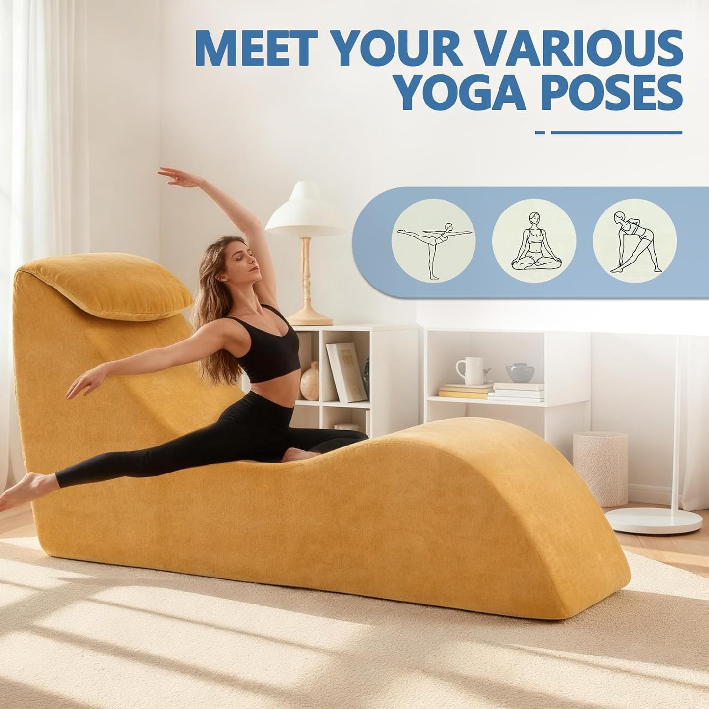 Yoga Chair Lounge for Adult, Yoga Lounge Chair，Ergonomic Chaise Lounge Chair,Chaise Lounge Indoor， Head Pillow，Perfect for Stretching, Massage, and Relaxation, Used in Living Room, Bedroom（Yellow）