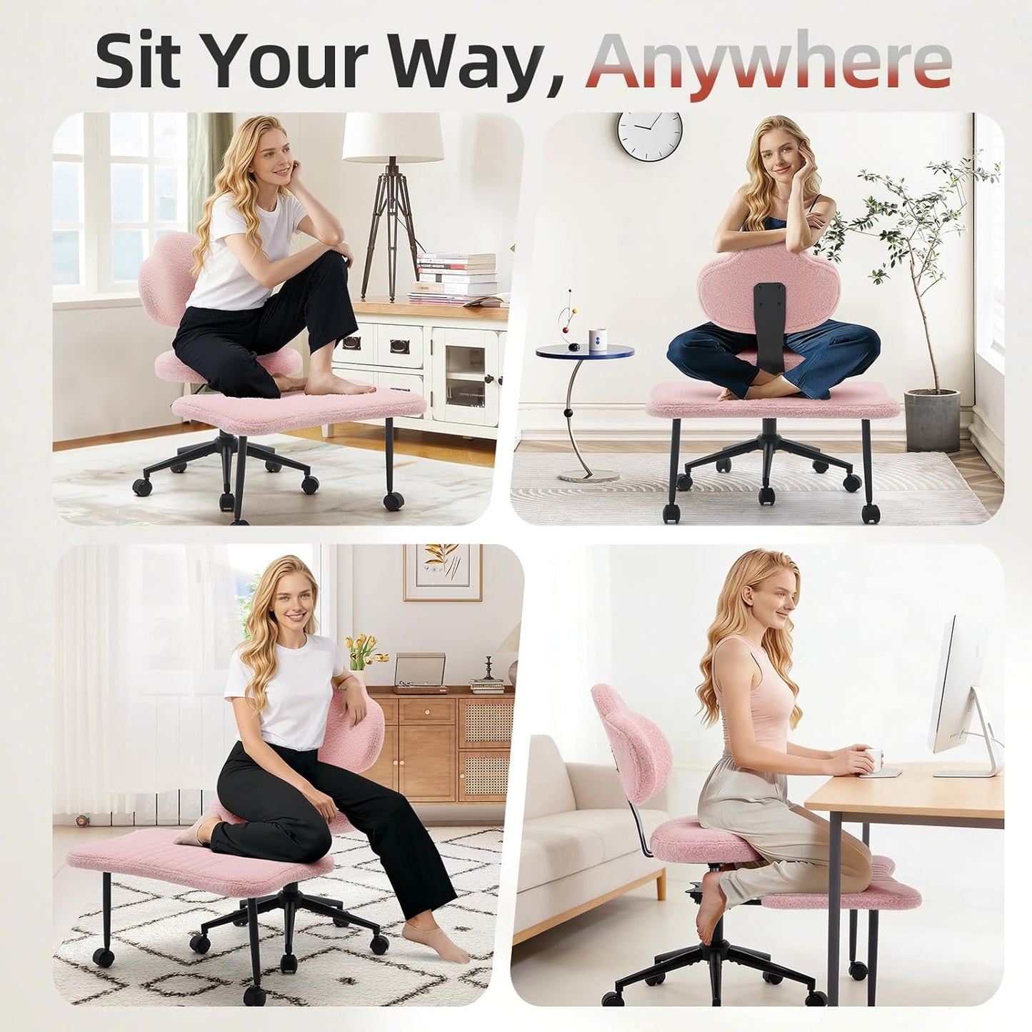 Ergonomic Cross Legged Chair, 360° Swivel Meditation Chair with Wheels, Height Adjustable Seat for Meditation, ADHD & Yoga, PU Leather Yoga Stool for Home Office, Black