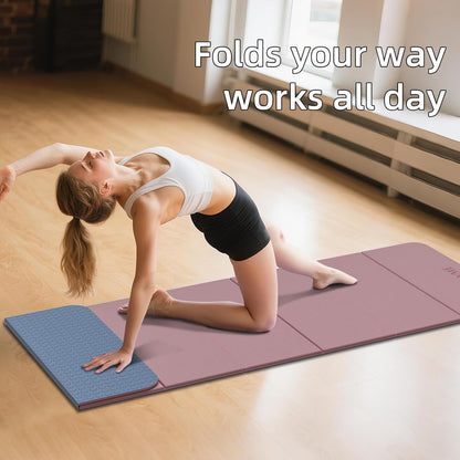 Foldable Yoga Mat 0.32 inches Thick(8mm), SGS Certified POE Material, Non Slip, 71 x 24 inches, Foldable for Travel, Pilates, Camping, Environmental Sports Mat, Odorless