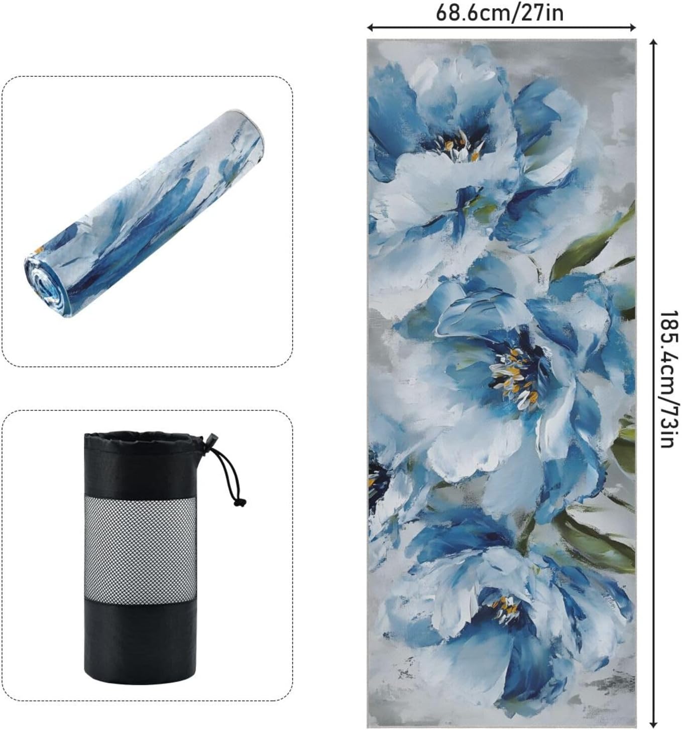 Yoga Towel with Silicone Grip Blue Flowers Oil Painting – Sweat Wicking Non-Slip Microfiber Mat Cover for Hot Yoga Pilates Fitness, Skid Resistant for Home Gym Studio
