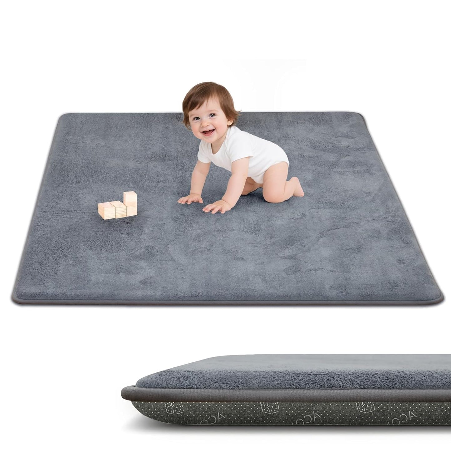 ACOMOPACK 1.3" Thick Baby Play Mat for Floor 79x118"-Large Water-Repellent&Non-Slip Memory Foam Mat for Kids,Toddlers,Soft Velvet Nursery Rug for Tummy Time&Crawling,Yoga,Tatami Style(Blue)
