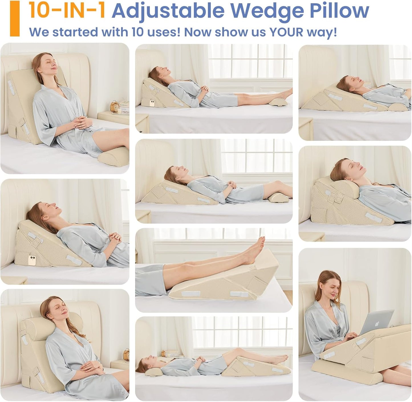 Sasttie Wedge Pillow Set for After Surgery, 2PCS Adjustable Bed Wedge Pillow Headboard with Memory Foam Neck Cushion – for Acid Reflux, Sleeping, Neck & Back Support, Dark Grey
