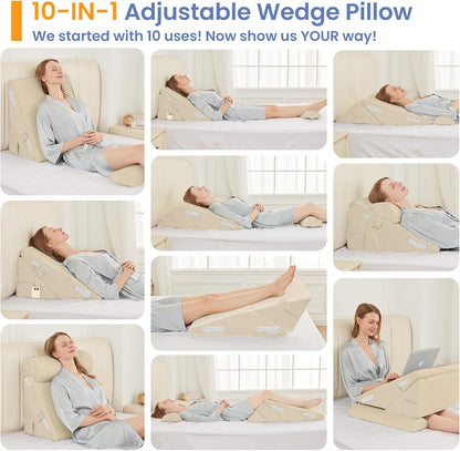 Sasttie Wedge Pillow Set for After Surgery, 2PCS Adjustable Bed Wedge Pillow Headboard with Memory Foam Neck Cushion – for Acid Reflux, Sleeping, Neck & Back Support, Dark Grey