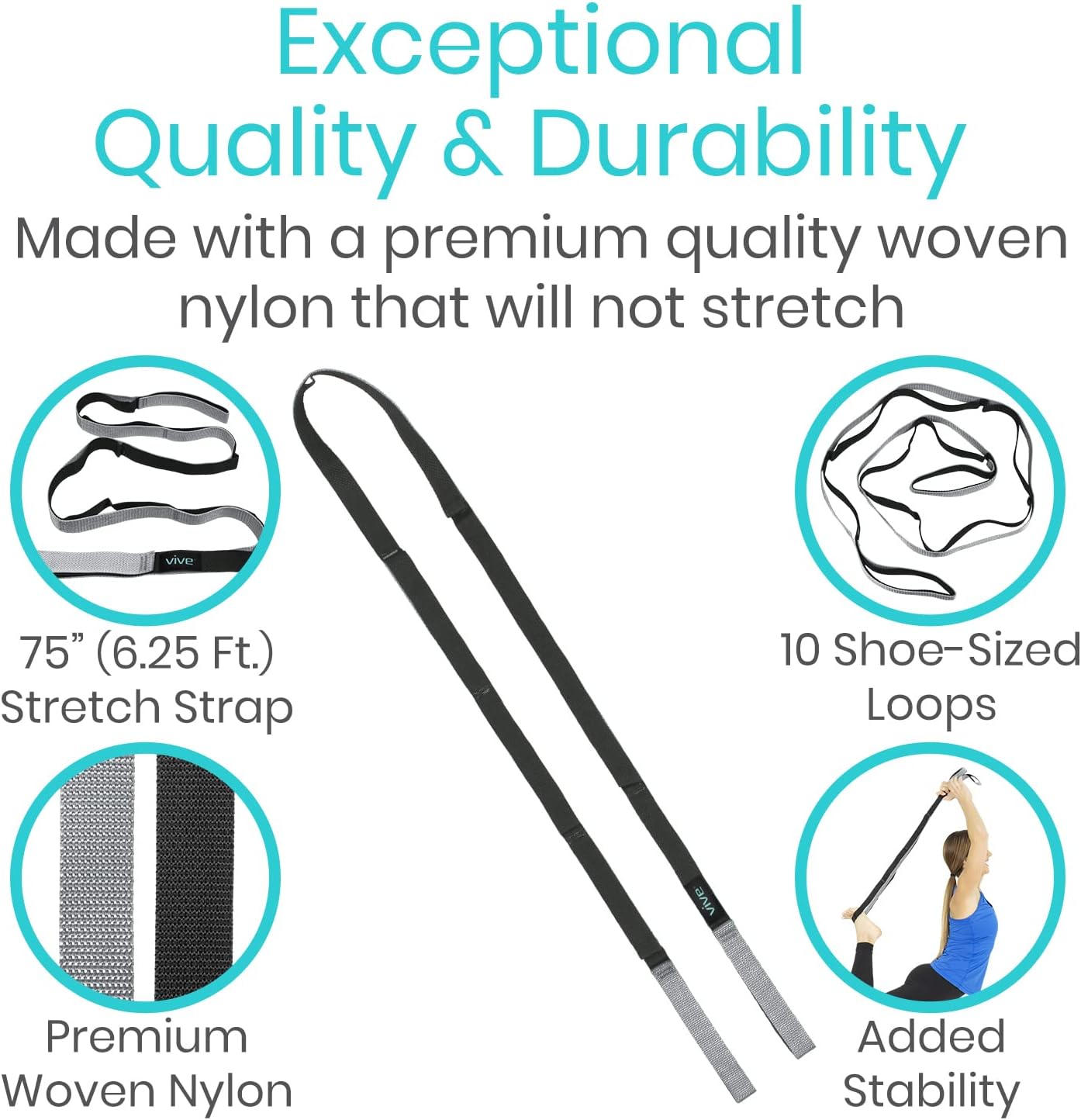 Vive Stretch Strap (75" - 10 Loops) - Leg Stretch Band to Improve Flexibility - Stretching Out Yoga Strap - Exercise and Physical Therapy Belt for Rehab, Pilates and Gymnastics with Guide Book