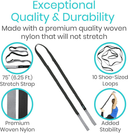 Vive Stretch Strap (75" - 10 Loops) - Leg Stretch Band to Improve Flexibility - Stretching Out Yoga Strap - Exercise and Physical Therapy Belt for Rehab, Pilates and Gymnastics with Guide Book