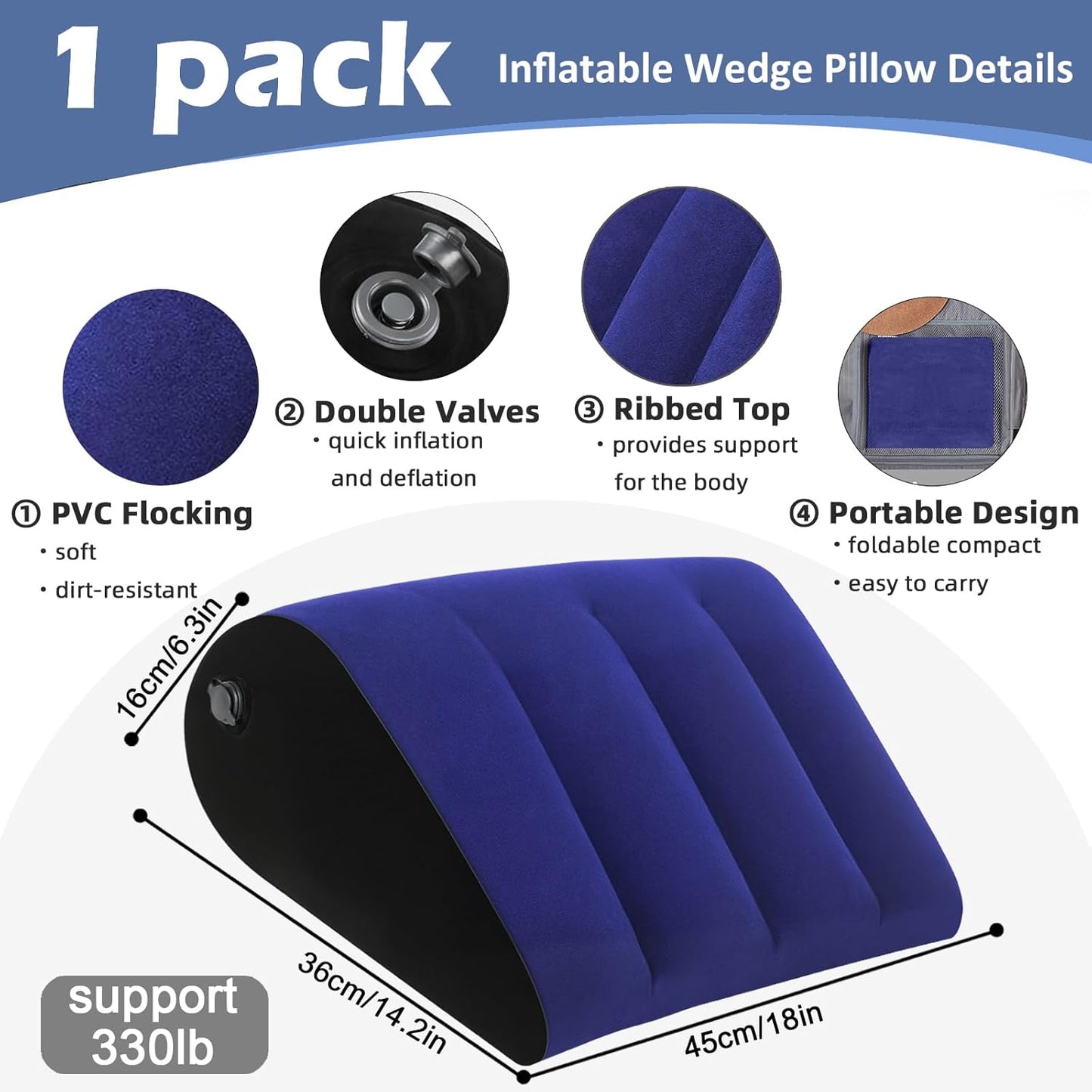 Prosixtoy Portable Wedge Pillow Inflatable Cushion - Body Positioners Lightweight Wedge Pillow for Sleeping, Leg Elevation, Use in Bed, Travel, Camping, Fast Inflating Deflation (Black)