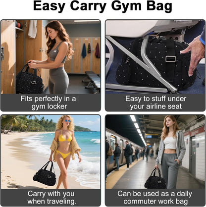 CAMTOP Mini Gym Bag for Women, Small Gym Tote Bag Puffy Quilted Sports Duffel Bag with Wet Compartment and Coin Purse Duffel Bags Dance Yoga Workout Bag for Gifts (All Black, Mini-12.6")