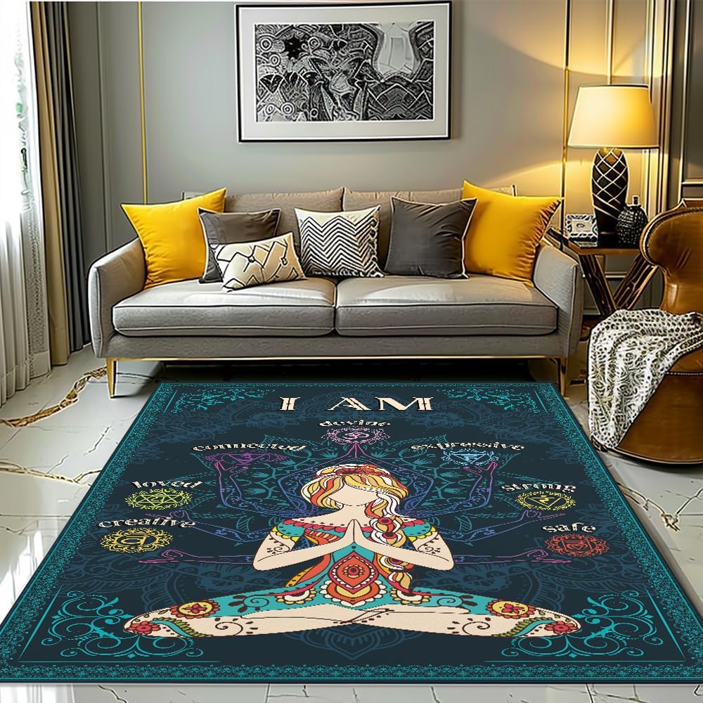Chakra Area Rug, Meditation & Yoga Carpet for Living Room, Bedroom Mandalas Boho Style Non-Slip Machine Washable Rugs for Women Adults Yoga Lovers Bohemian Floor Mat Office Decor (YOGA-DS01)