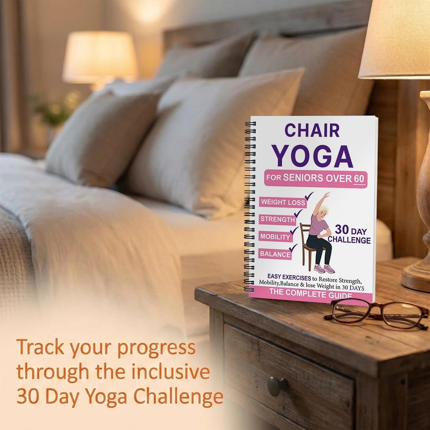 Chair Yoga for Seniors Over 60, 30-Day Challenge Gentle Seated Yoga Exercises Guidebook, Step-by-Step Fitness Planners Instructions Books for Seniors Beginners – 8.2″ x 5.5″ Pink Yoga Book