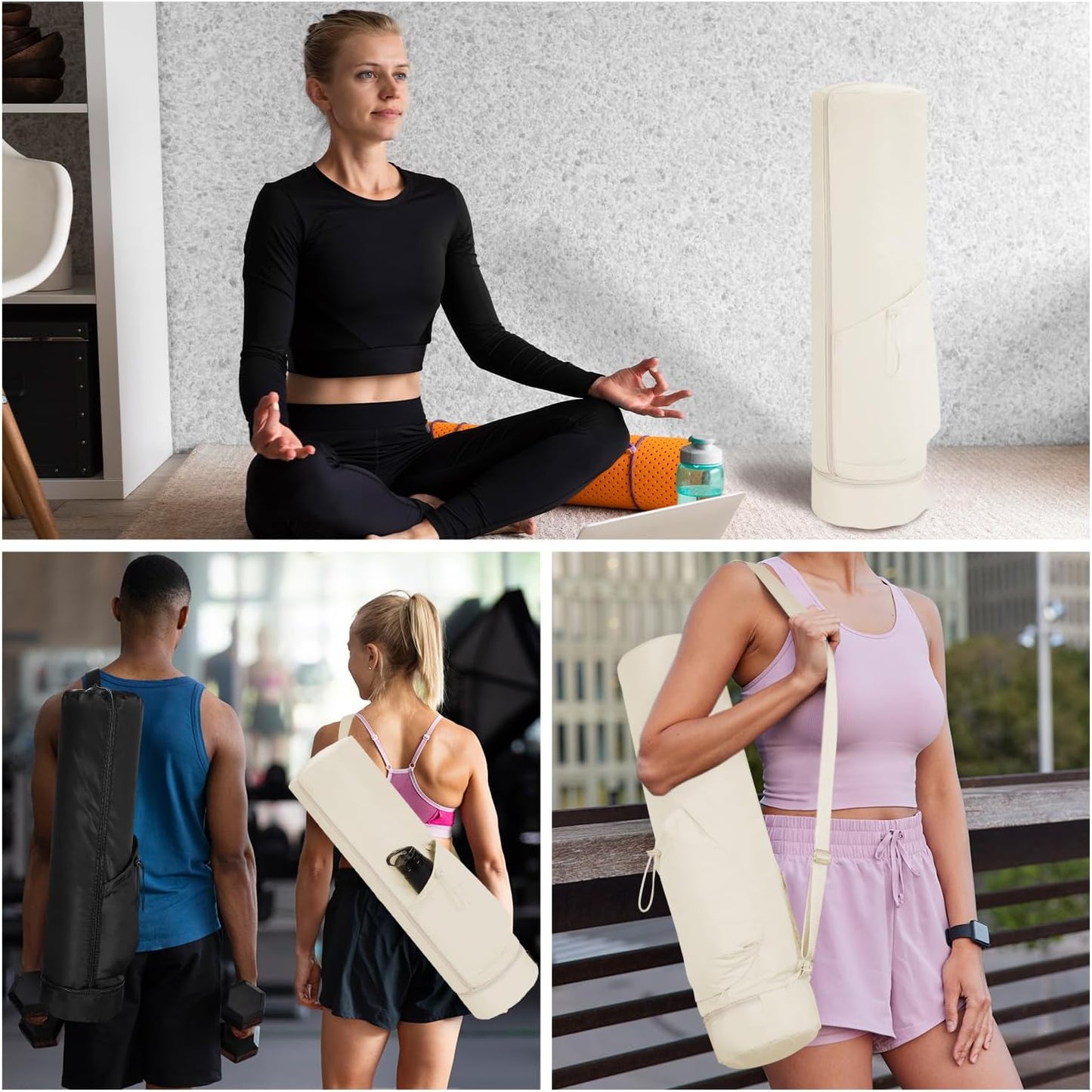 sportsnew Yoga Mat Bag, Full Zip Cargo Yoga Mat Carrier Bag with Drawstring Water Bottle Pocket and Bottom Wet Pocket, Exercise Yoga Mat Carrier Holder Multi-Functional Storage Bag Patent Pending