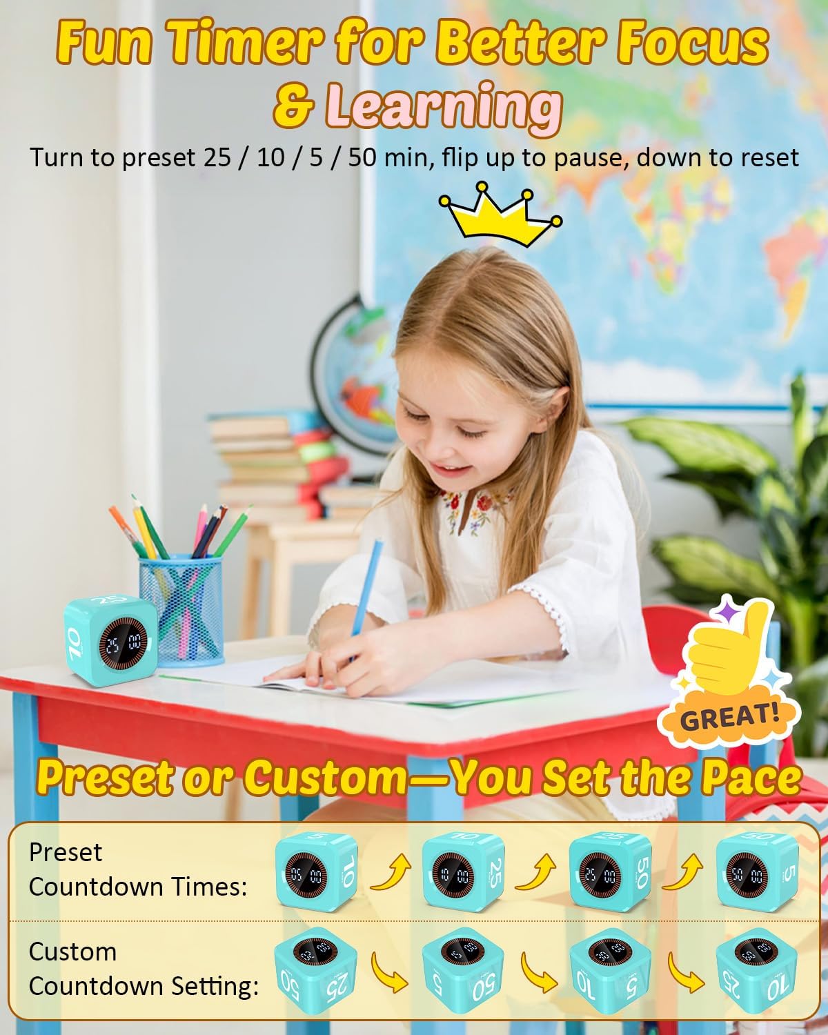 Digital Pomodoro Timer Cube 5/10/25/50min, Visual Productivity Flip Timer for Kids Classroom Desk, Custom Countdown, Silent and Sound Mode for ADHD Study Work Game Kitchen (Black)