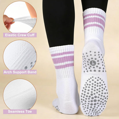 Grip Pilates Crew Socks for Women, Non Slip Yoga Socks with Grips for Barre Hospital Grippy Sticky Sock