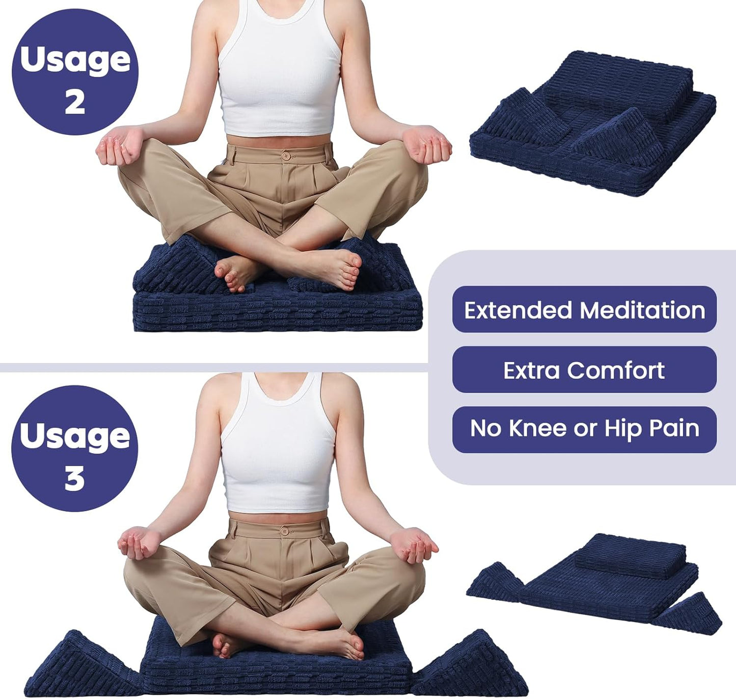 Meditation Cushion Set, Meditation Pillow for Sitting on Floor, Large Yoga Pillow with Knee Support, Washable Zafu Meditation Mat, 3 Shapes Floor Pillow for Adults, Dark Grey
