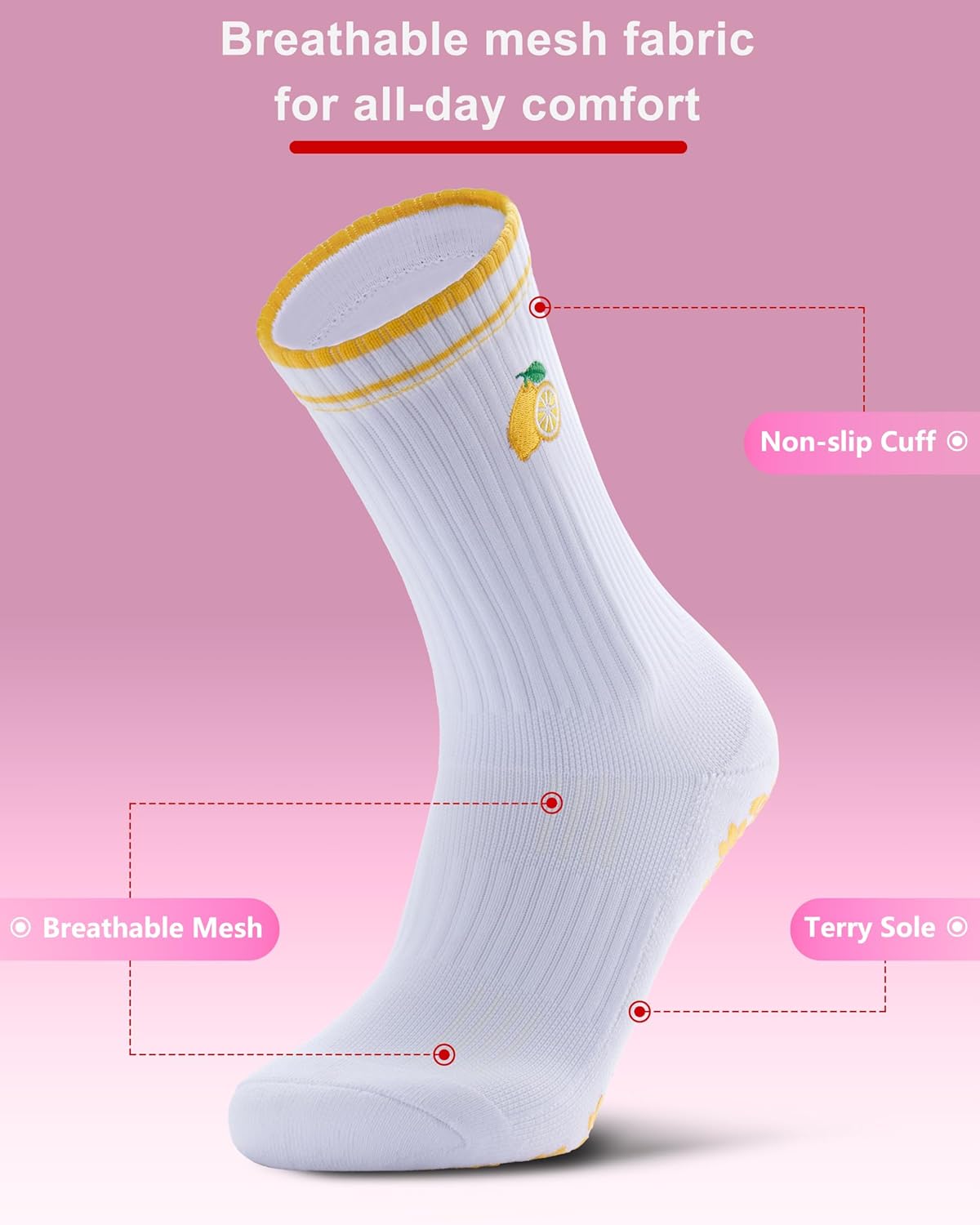 Pilates Grip Socks for Women - Embroidery Athletic Crew, Non-Skid Sticky Soles for Yoga, Barre, Workout & Hospital