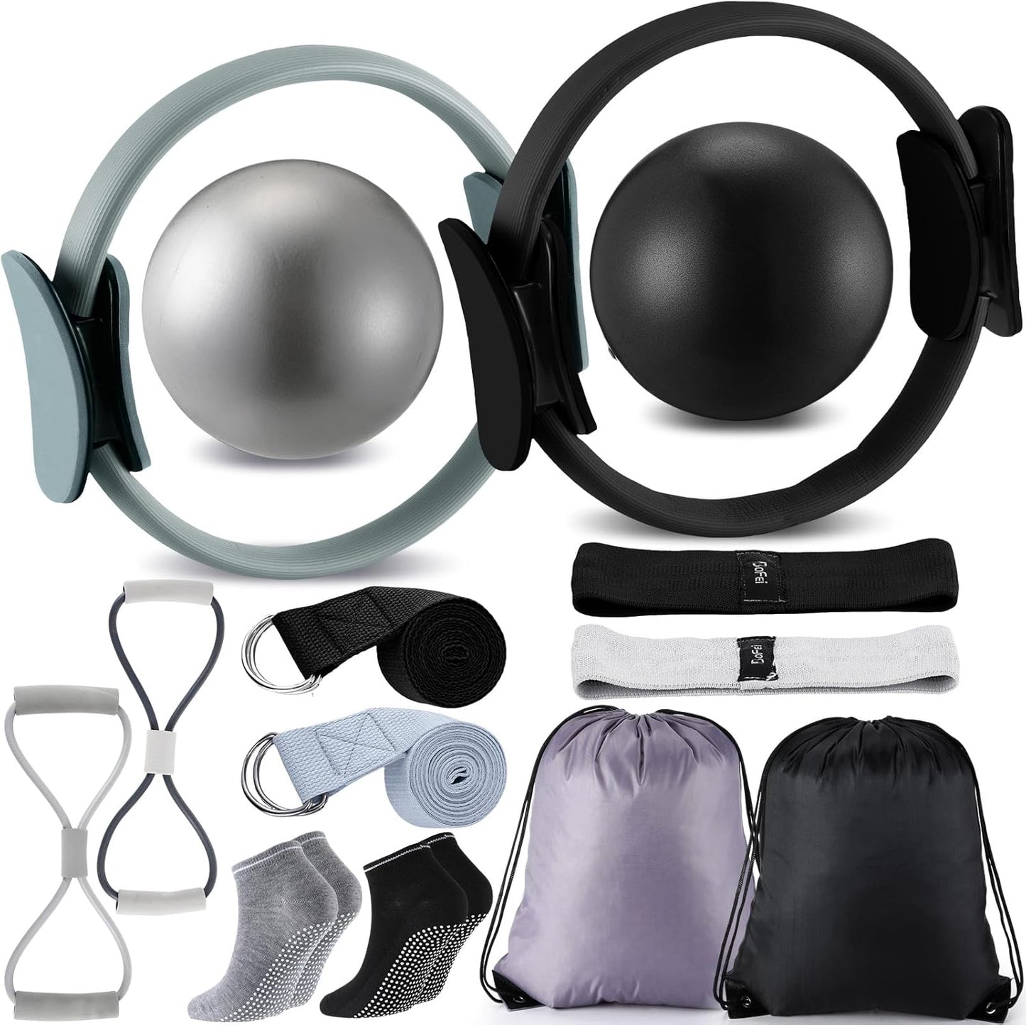 Poen Pilates Equipment Kit for Home Workout Pilates Ring and Ball Set for Women 12'' Circle Yoga Fitness Essentials Kit with Resistance Bands, Yoga Strap, Socks,Bag