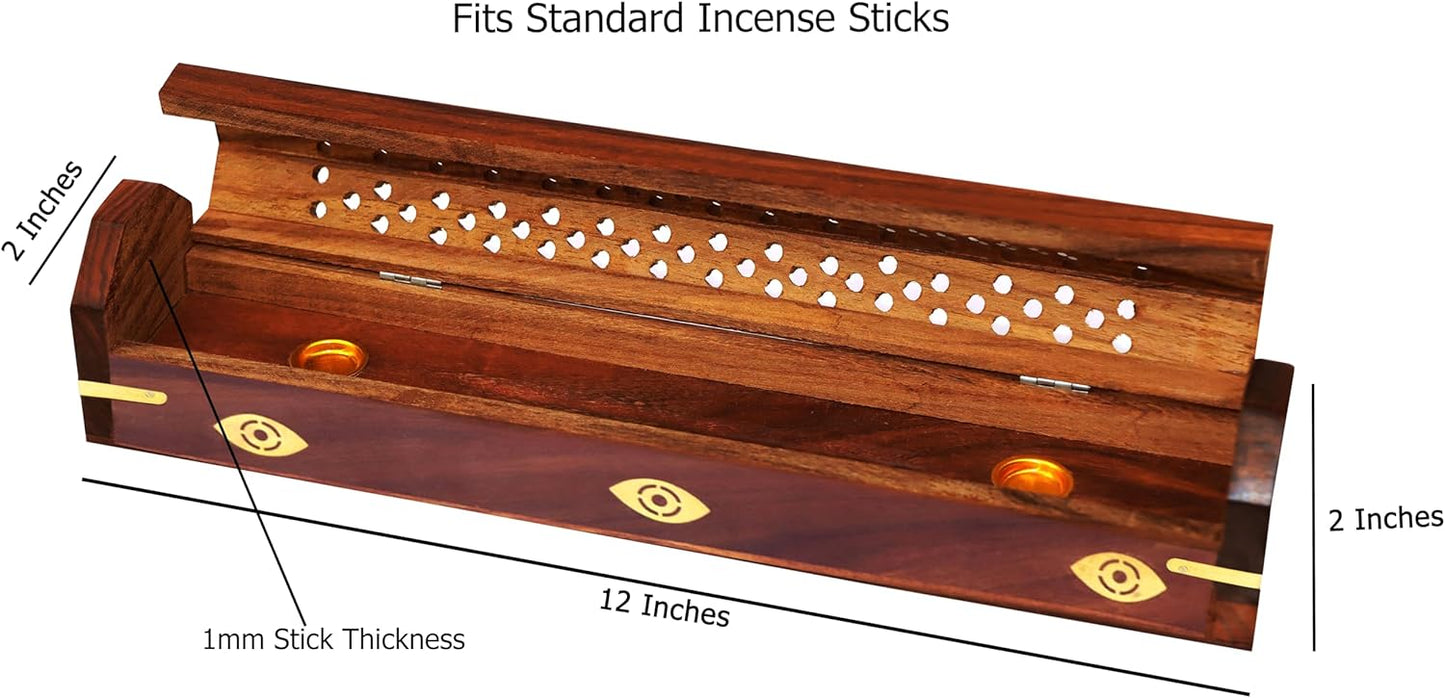 Sheesham Wood Incense Burner Holder - Set of 2 Coffin Style Sun Moon Inlay Handmade Aromatherapy Room Freshener Fragrance Cone Incense Stick Burner Ash Catcher - Zen Home Gift - 12x2x2 - COTTON CRAFT