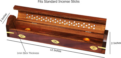 Sheesham Wood Incense Burner Holder - Set of 2 Coffin Style Sun Moon Inlay Handmade Aromatherapy Room Freshener Fragrance Cone Incense Stick Burner Ash Catcher - Zen Home Gift - 12x2x2 - COTTON CRAFT