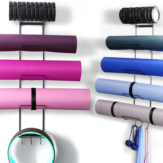 5-Tiers Yoga Mat Holder Wall Mount, Metal Storage Rack for Yoga Mat/Wheels, Foam Roller and Block etcs, Wall Rack Organizer with 3-Hooks for Hanging Stretching Strap & Resistance Bands（2 Pack）