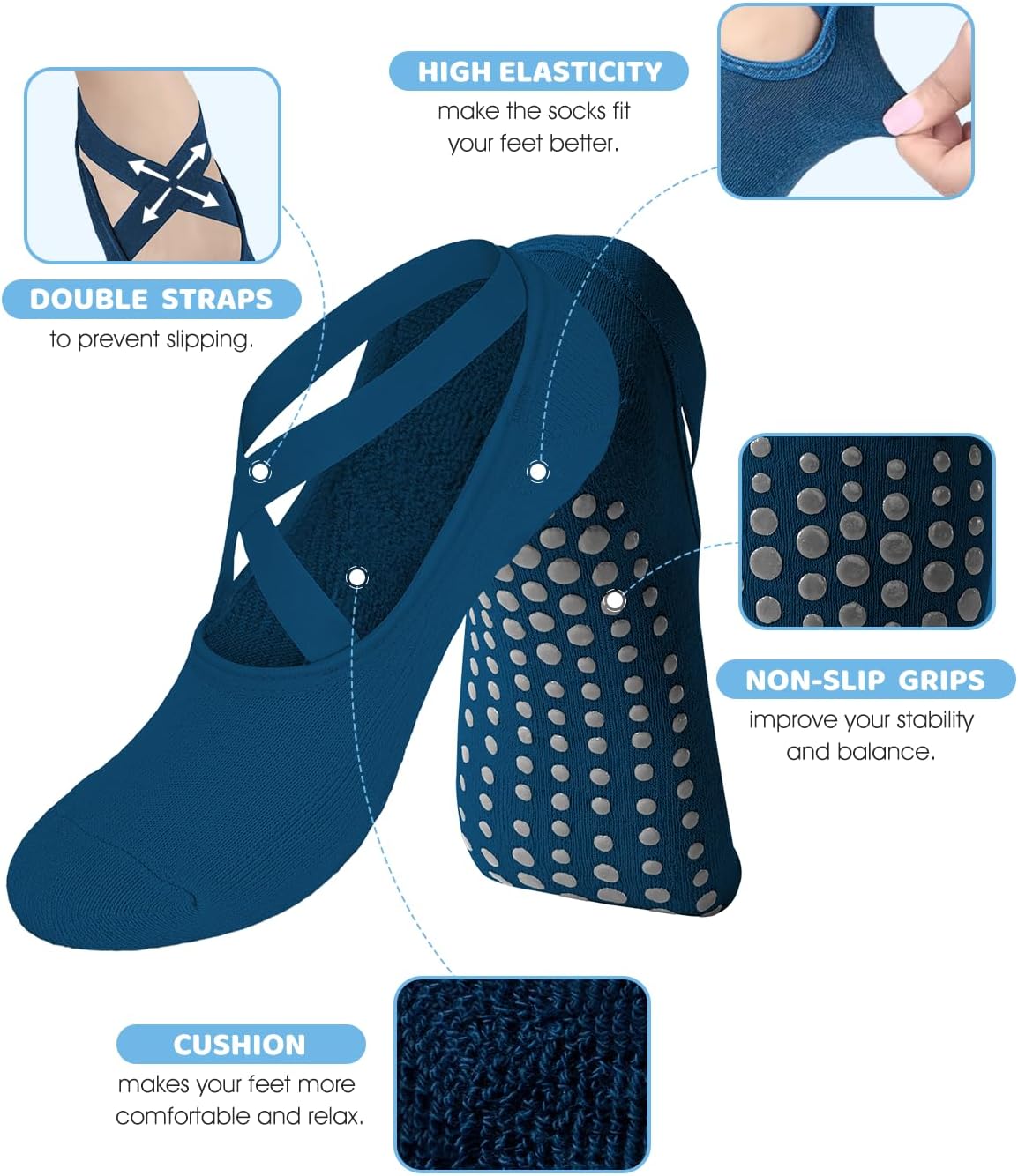 AURUZA Pilates Grip Socks for Women Non Slip Skid Yoga Socks with Grips Straps for Ballet Dance Workout Gripper Sock