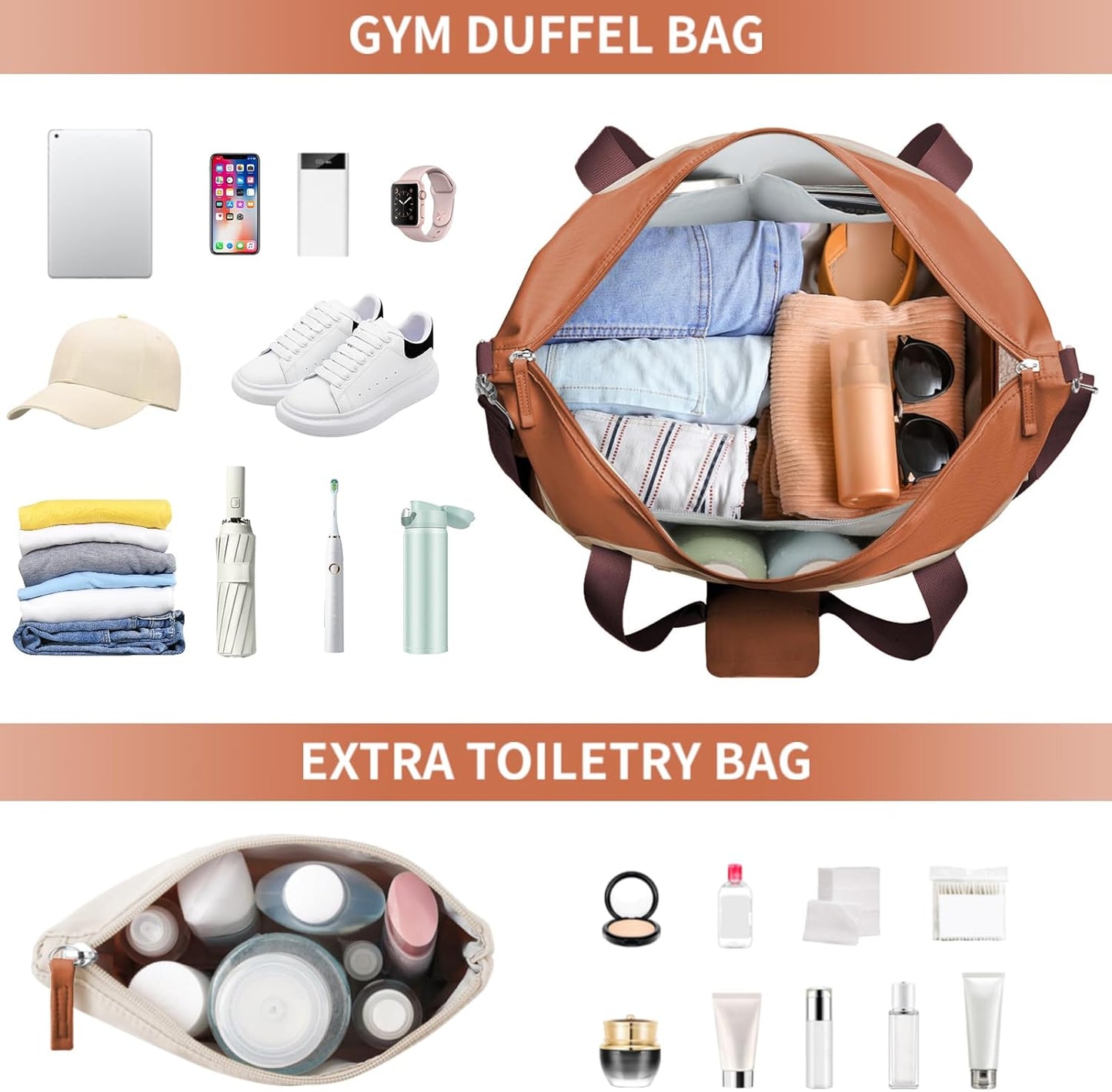 ETRONIK Gym Bag for Women, Personal Item Travel Bag with Shoes Compartment, Weekender Overnight Duffel Bag with Wet Pocket, Carry On Bag for Women, Travel, Gym, Weekend (Beige)