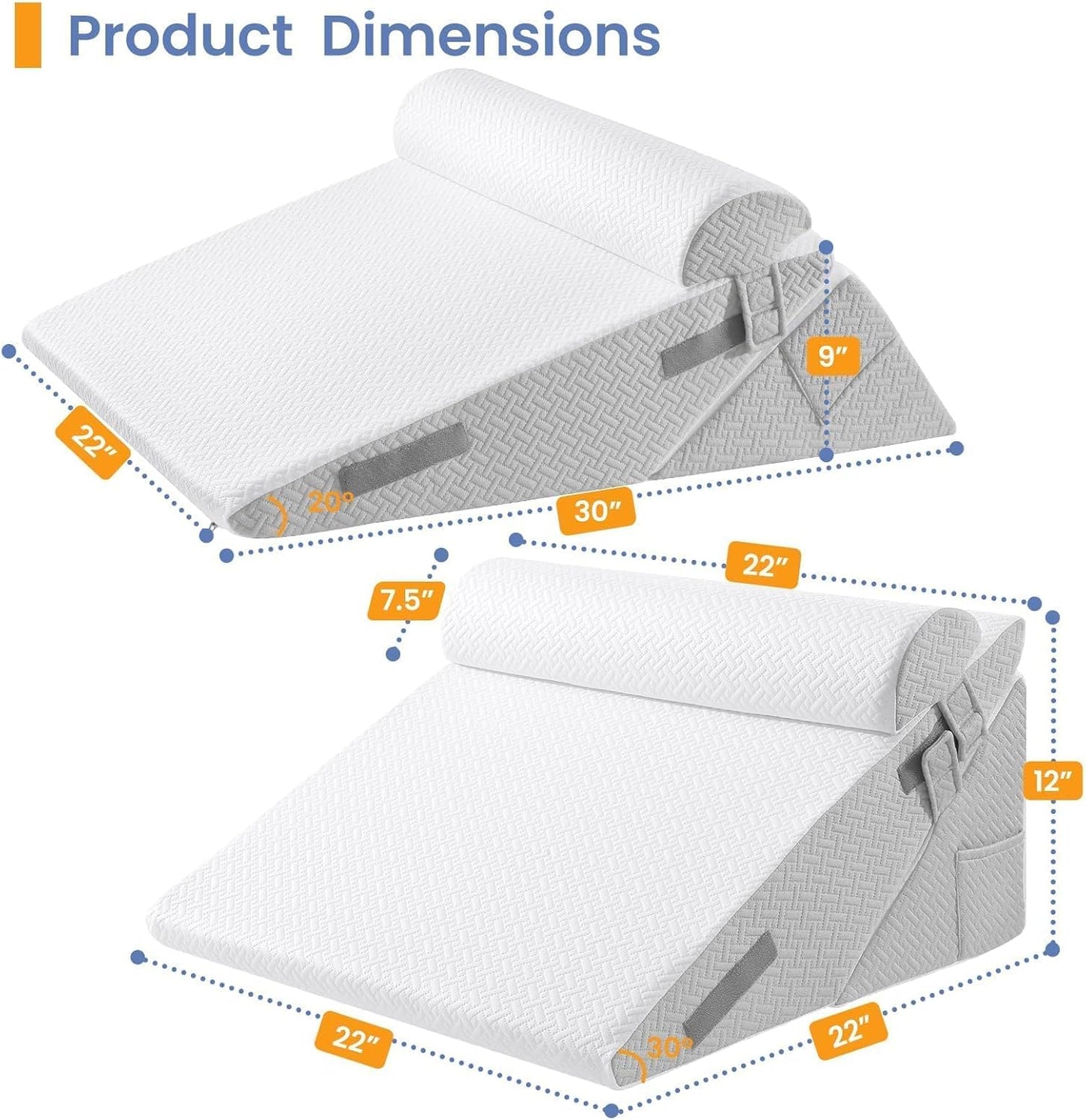 Sasttie Wedge Pillow Set for After Surgery, 2PCS Adjustable Bed Wedge Pillow Headboard with Memory Foam Neck Cushion – for Acid Reflux, Sleeping, Neck & Back Support, Dark Grey