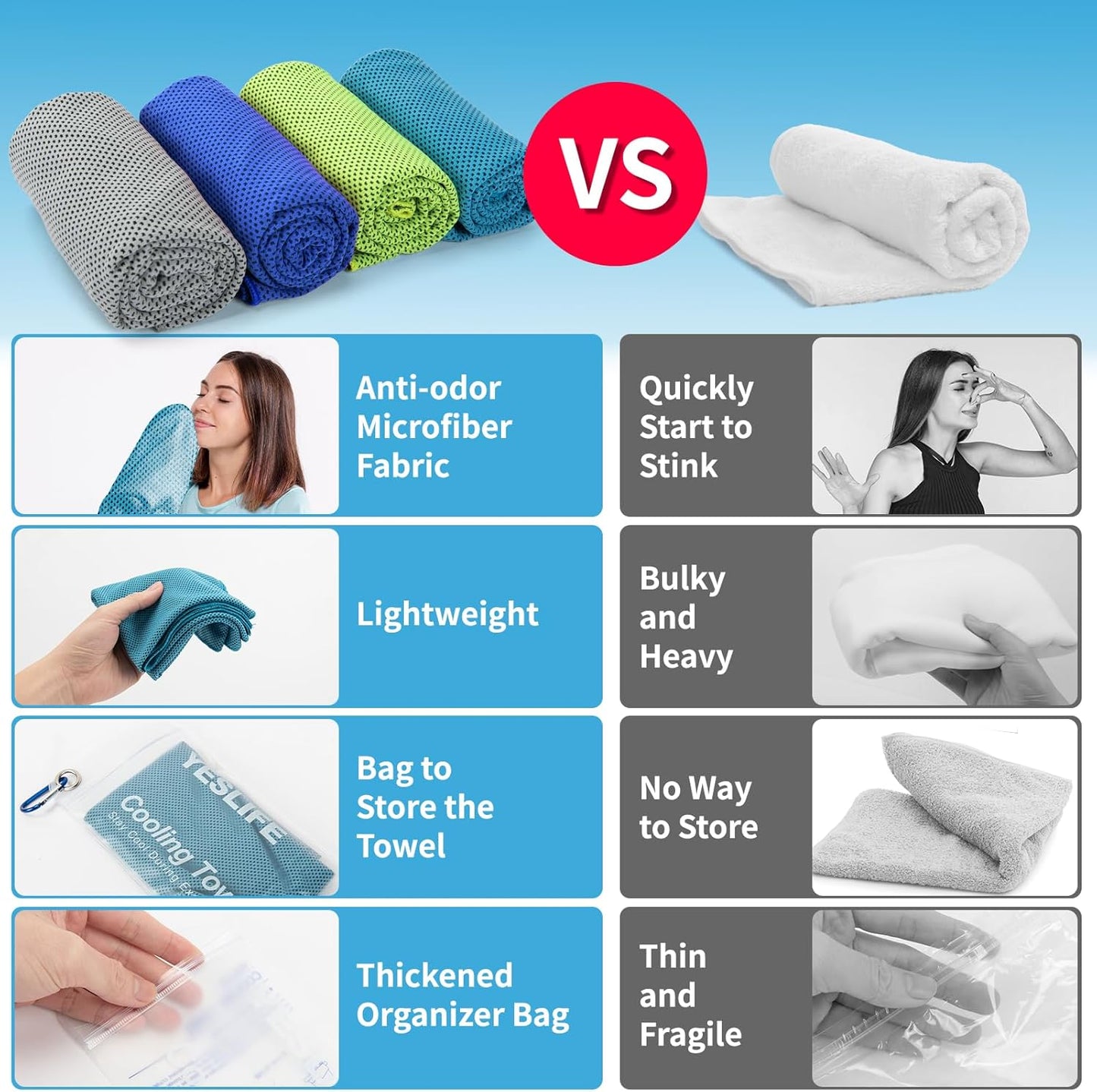 YESLIFE 4 Pack Cooling Towels 40"x12", Gym Towels for Men and Women, Soft Breathable Workout Towels for Yoga, Running, Sport, Workout, Camping, Fitness & More (Blue, Grey, Green, Pink)