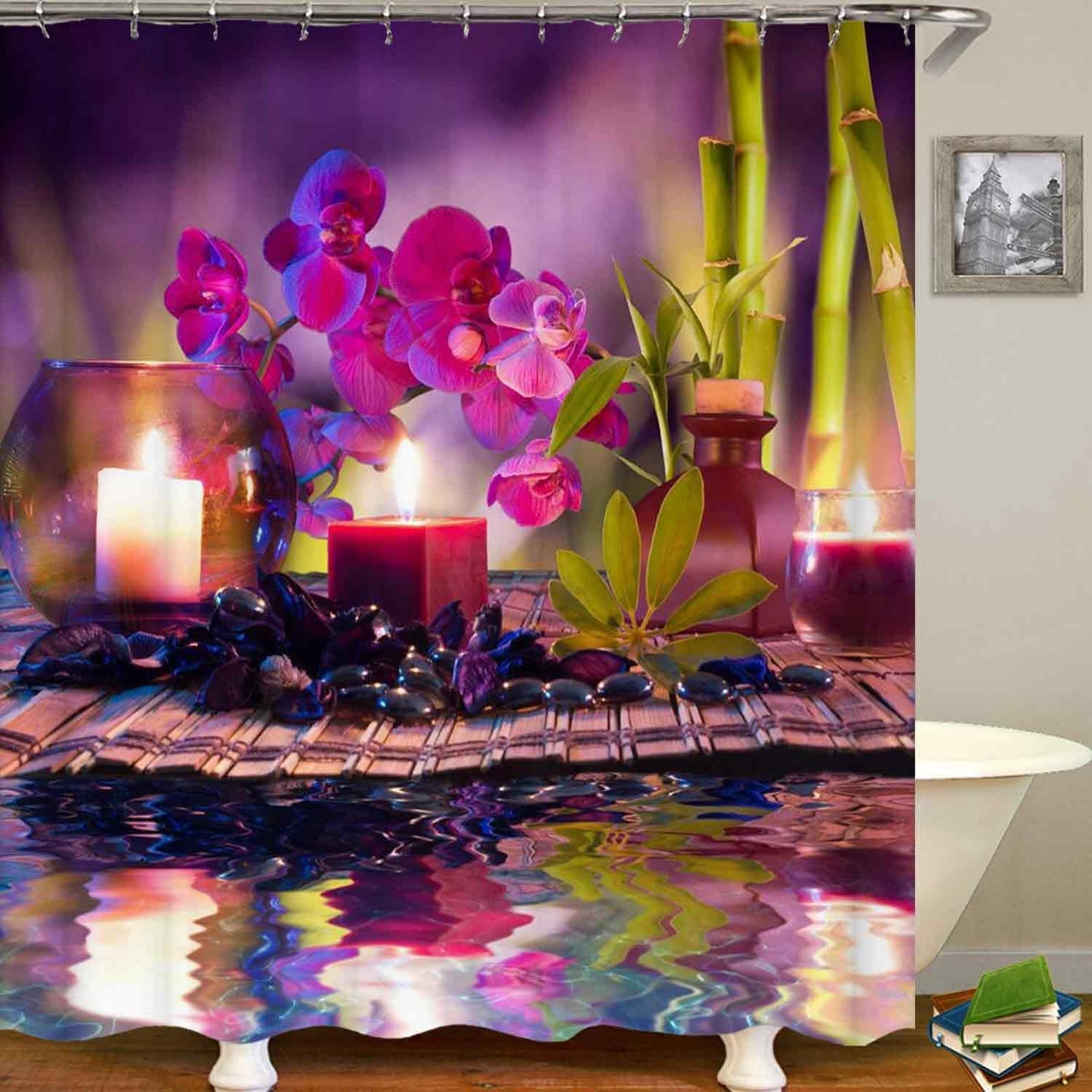 4PCS Spa Zen Shower Curtain Sets with Rugs, White Shower Curtain, Pink Floral Orchid Lotus Water Lily Stone Bamboo Water Reflection Yoga Massage Relaxing Spiritual Meditation Bathroom Decor