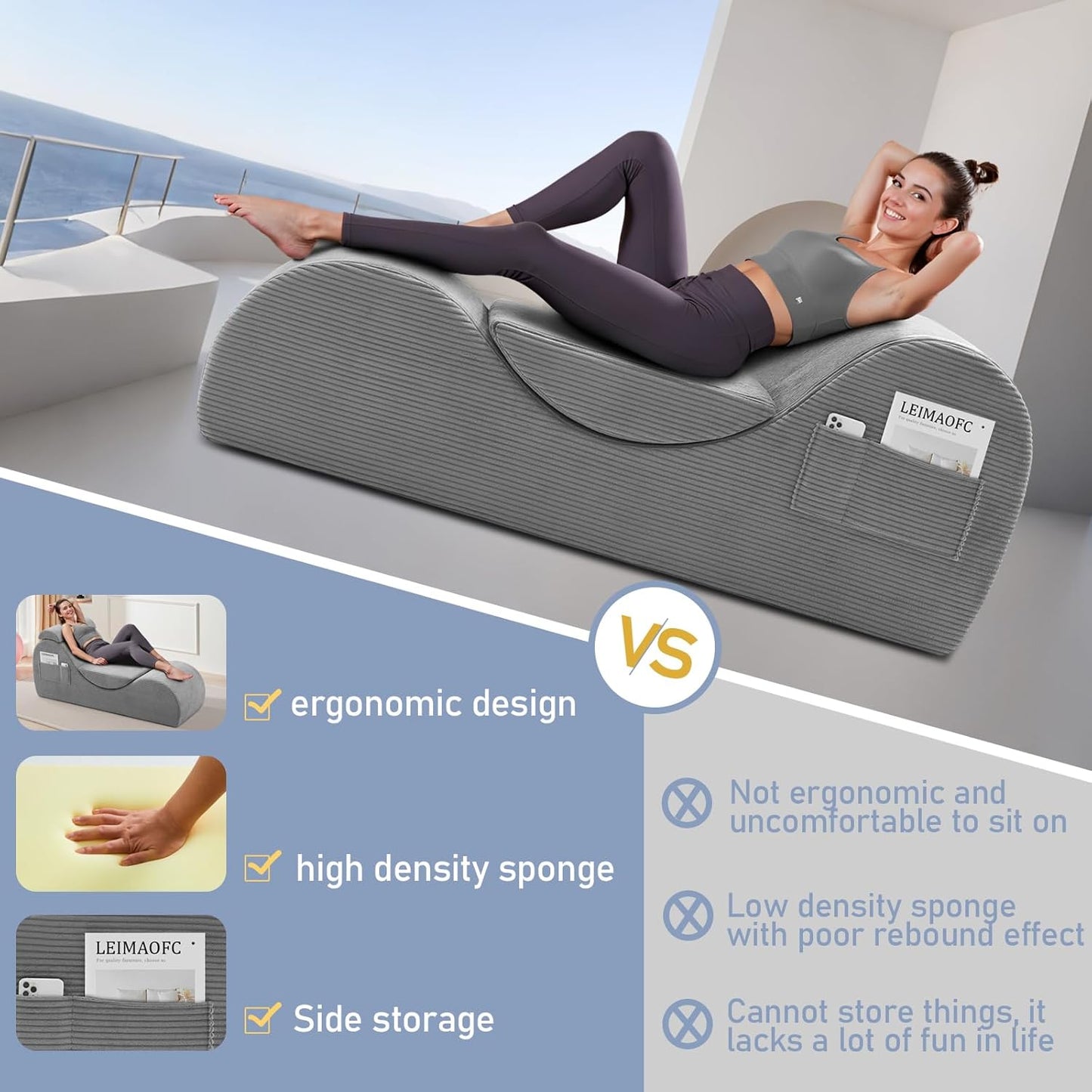Yoga Chair Lounge for Adult, Ergonomic Chaise Lounge Chair with Side Pocket, Headrest, Waist Pad, Perfect for Stretching, Massage, and Relaxation, Used in Living Room, Bedroom（Black）