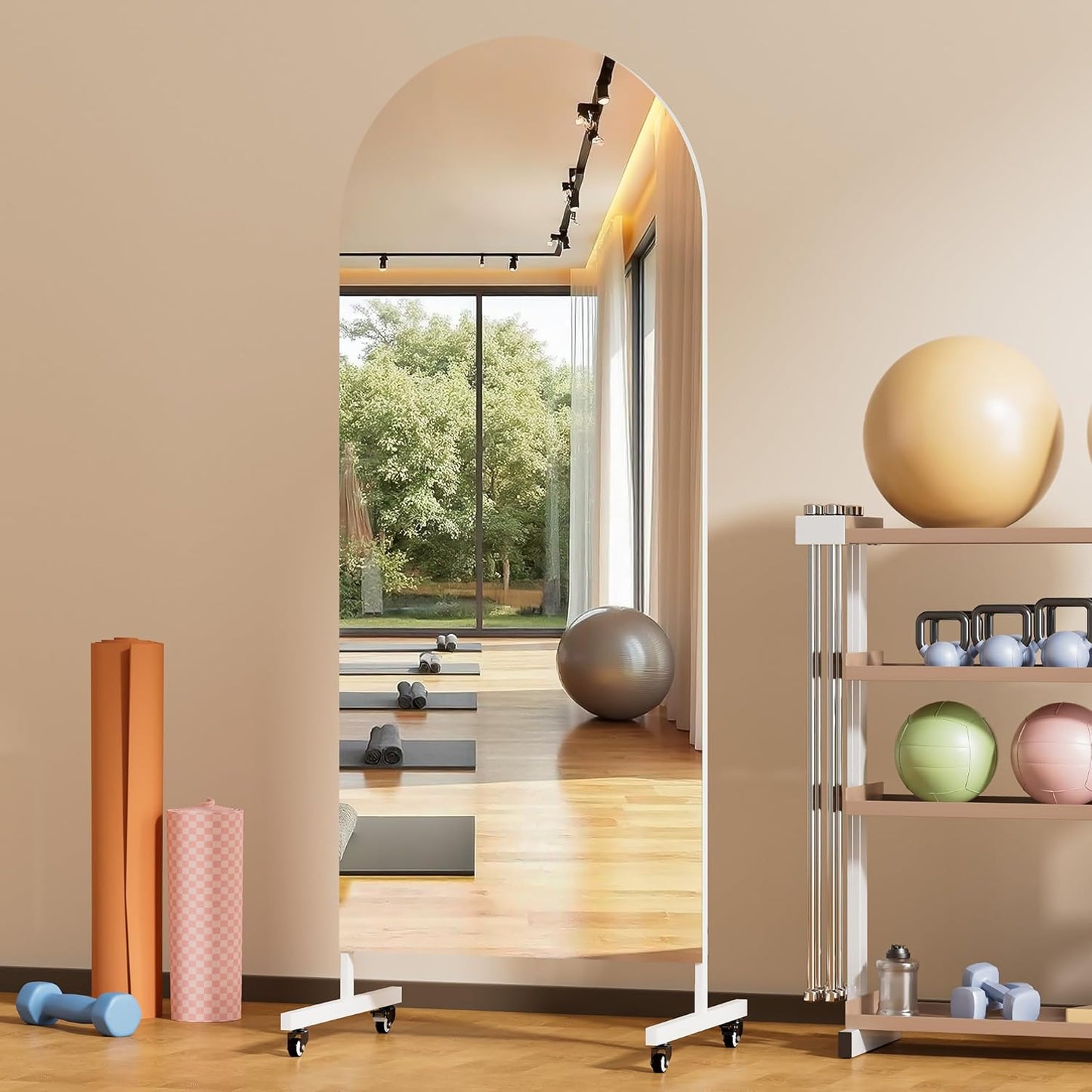 Hasipu 71" x 28" Arched Rolling Home Gym Mirror with Wheels, 360° Swivel Body Mirror with HD Tempered Glass, Large Floor Mirror for Yoga Room, Dance Studio, Bedroom & Home Gym