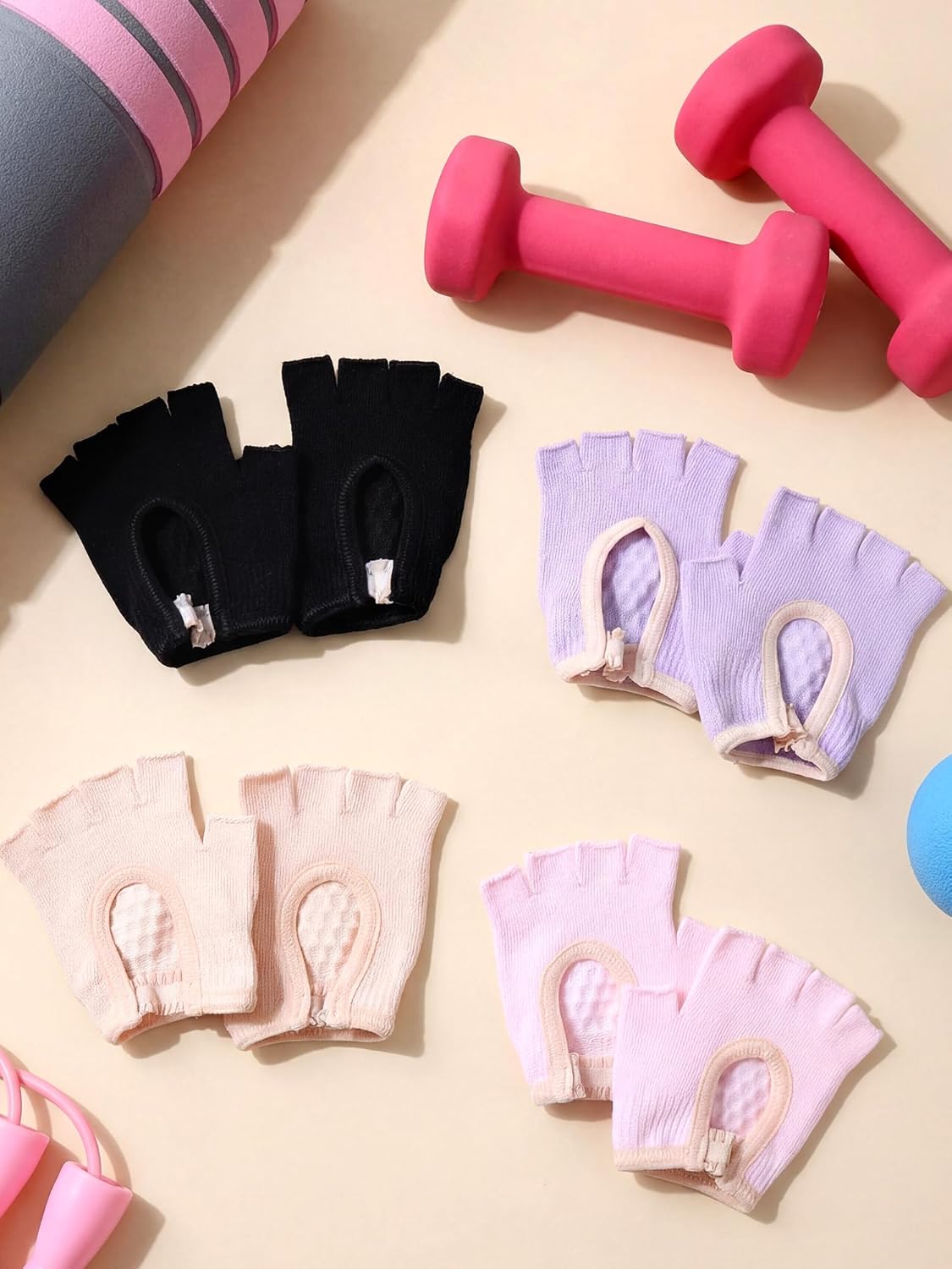 Fourluoo 4 Pairs Pilates Gloves with Grips for Women Non Slip Cotton Fingerless Silicone Yoga Gloves for Gym Exercise Workout Weight Training Mitten Fits Women Men