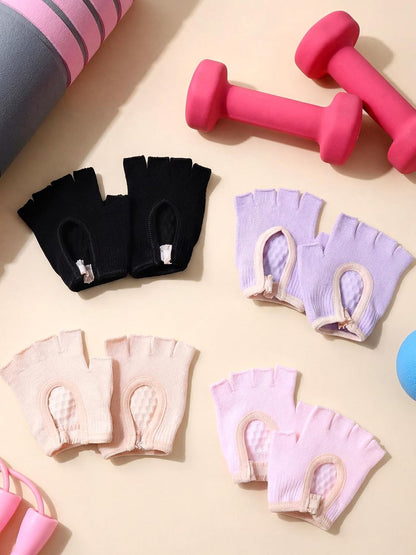 Fourluoo 4 Pairs Pilates Gloves with Grips for Women Non Slip Cotton Fingerless Silicone Yoga Gloves for Gym Exercise Workout Weight Training Mitten Fits Women Men
