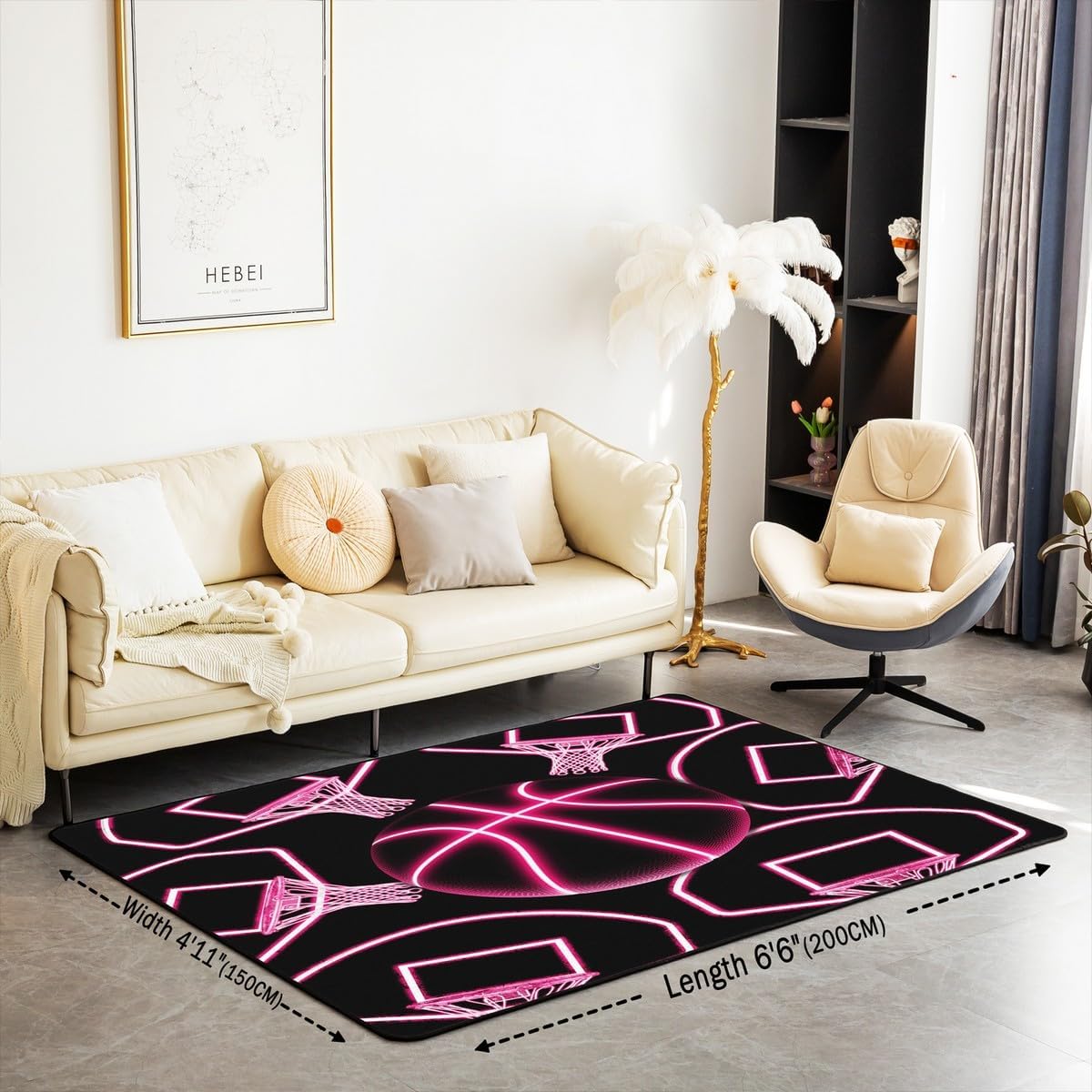 jejeloiu Basketball Living Room Rugs for Bedroom 5x7 Kids Gaming Sports Decor Carpet for Boys Girls Teens Ball Games Area Rug Soft Gift for Basketball Lover Grey and Black Room Decor