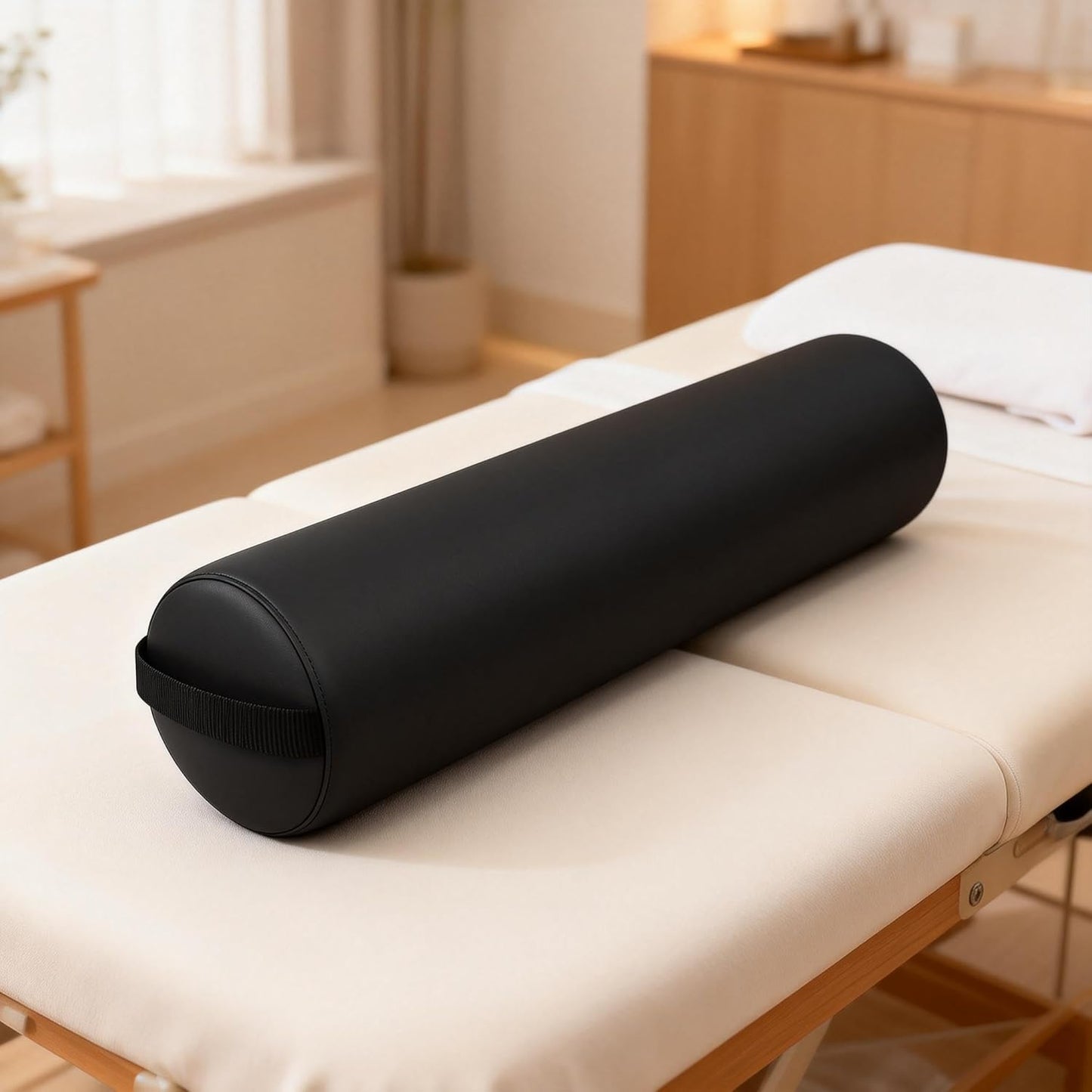 Round Massage Bolster Pillow 24 x 6 Inch – Full Cylinder Support Cushion with PU Leather Cover & Carry Handle – for Massage Table, Yoga, Physical Therapy & Spa Use