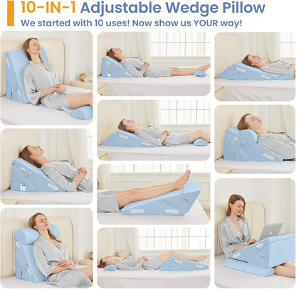 Sasttie Wedge Pillow Set for After Surgery, 2PCS Adjustable Bed Wedge Pillow Headboard with Memory Foam Neck Cushion – for Acid Reflux, Sleeping, Neck & Back Support, Dark Grey