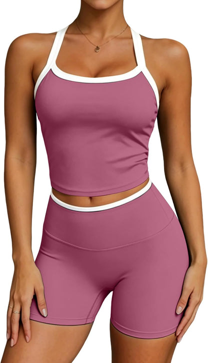 UOUA Womens Workout Set 2 Piece Gym Outfit High Waisted Tummy Control Shorts Halter Padded Sports Bra Tank Athletic Yoga Wear