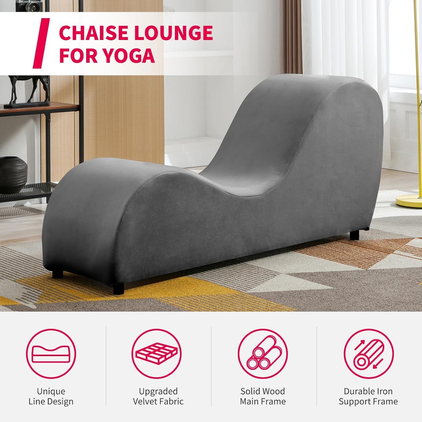 MUZZ Yoga Chairs for Adults, Velvet Yoga Chaise Lounge for Adult Exercise, Stretching, Relaxation, Modern Curved Tantra Chairs for Bedroom,Living Room(Dark Grey)