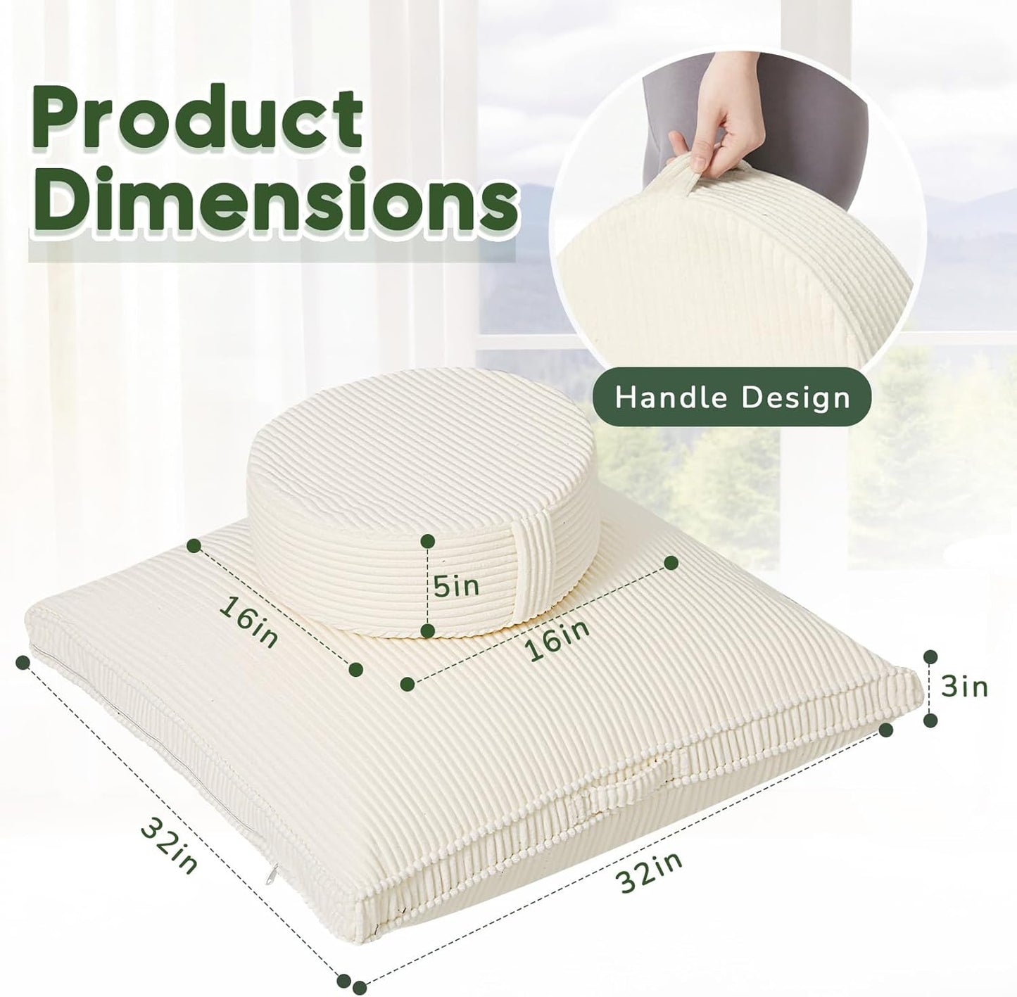Meditation Cushion Set, Large Meditation Pillow with Ergonomic Support Prayer Pad, Modern Zafu & Zabuton Set to Mindfulness, Yoga, Removable Corduroy Cover, Green, 32in