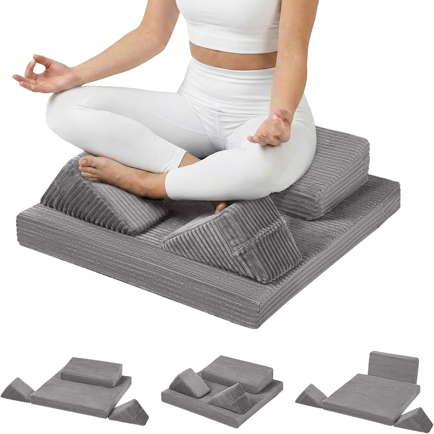 Meditation Cushion Set, Meditation Pillow for Sitting on Floor, Large Yoga Pillow with Knee Support, Washable Zafu Meditation Mat, 3 Shapes Floor Pillow for Adults, Dark Grey