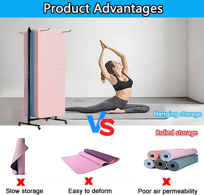 Yoga Mat Holder Hanging, Floor Rolling Yoga Mat cart, Large Capacity Storage Rack, with Includes hole punch, Metal square tube storage shelf for Home Gym, Fitness Club,Yoga Studio (Black)