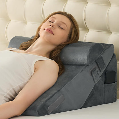 Sasttie Wedge Pillow Set for After Surgery, 2PCS Adjustable Bed Wedge Pillow Headboard with Memory Foam Neck Cushion – for Acid Reflux, Sleeping, Neck & Back Support, Dark Grey