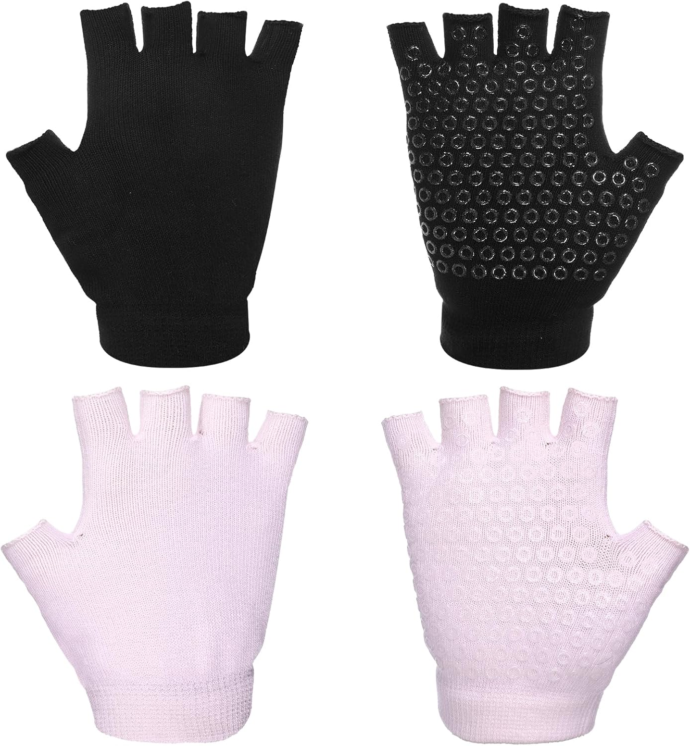 2 Pairs Non Slip Yoga Gloves for Women, Fingerless Pilates Gloves with Grips, Silicone Non Slip Grips for Workout Fitness Exercise (Black and Pink)