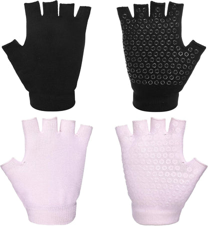 2 Pairs Non Slip Yoga Gloves for Women, Fingerless Pilates Gloves with Grips, Silicone Non Slip Grips for Workout Fitness Exercise (Black and Pink)